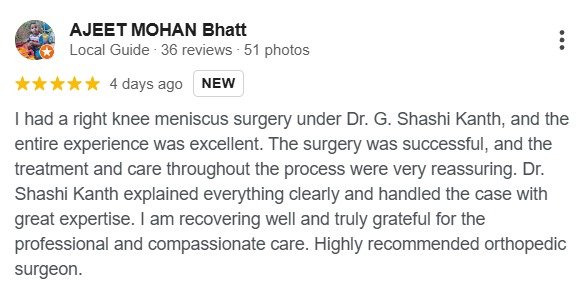 “Dr. Shashi Kanth explained everything clearly and performed my knee replacement successfully. I am walking pain-free and extremely satisfied with the care.”